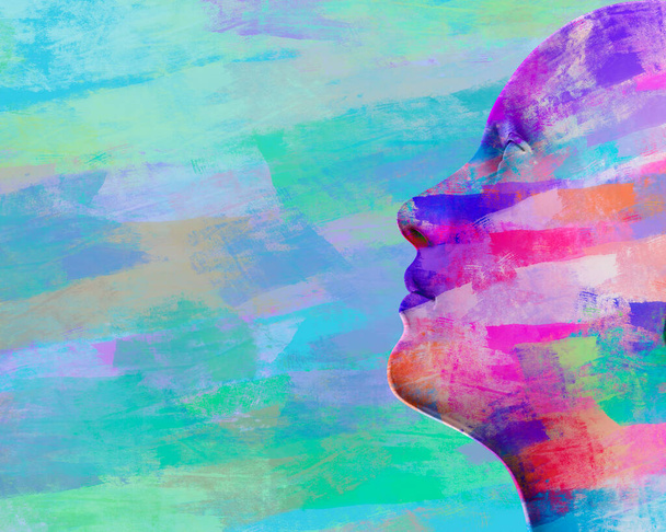 3d render illustration of multicolored palette painted female figure face profile view. - 写真・画像