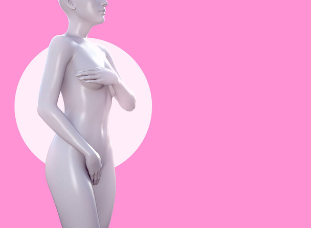 3D-Darstellung der weiblichen Figur im Stehen und Verbergen von Brust und Genitalbereich auf rosa Hintergrund, Frauenklinik und Frauengesundheitskonzept. - Foto, Bild