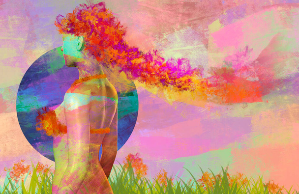 Çimenli ve güneşli, fantezi doğa ya da tanrıça konsepti olan çok renkli boyanmış kadın figürünün 3 boyutlu çizimi. - Fotoğraf, Görsel