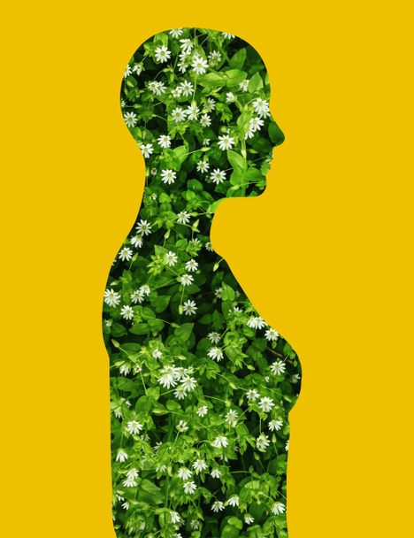 Kunstwerk illustratie van tuin bloemen in vrouwelijke figuur silhouet vorm op gele achtergrond. - Foto, afbeelding