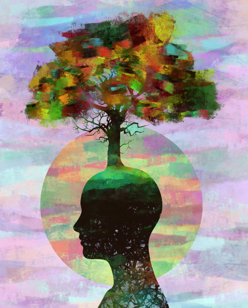 3d zilustrowanie kobiecej sylwetki twarzy z rosnącym drzewem w wielokolorowe malowane pociągnięcia pędzla efekt, psychologia i zdrowie psychiczne koncepcji okładki sztuki. - Zdjęcie, obraz