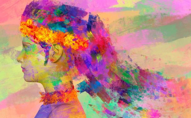 Illustration en 3D de silhouette féminine multicolore peinte corps avec coups de pinceau vue de profil, fantaisie mère nature ou concept de déesse ent. - Photo, image