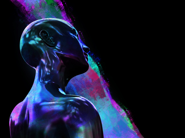 Abstract 3d render illustration of black glossy and multicolored grungy palette painted female face and figure on black background. - Φωτογραφία, εικόνα
