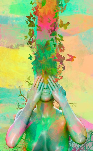 3d render ilustración de figura femenina multicolor pintado cuerpo y cabello con ramas de árbol y mariposas, fantasía madre naturaleza o ent concepto de diosa. - Foto, Imagen