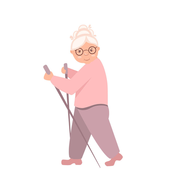 Starší žena se angažuje ve skandinávské procházce - Vektor, obrázek