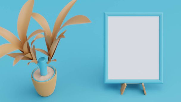 A 3D rendering of a blank board with a vase of plants on the side on a blue background - Фото, изображение