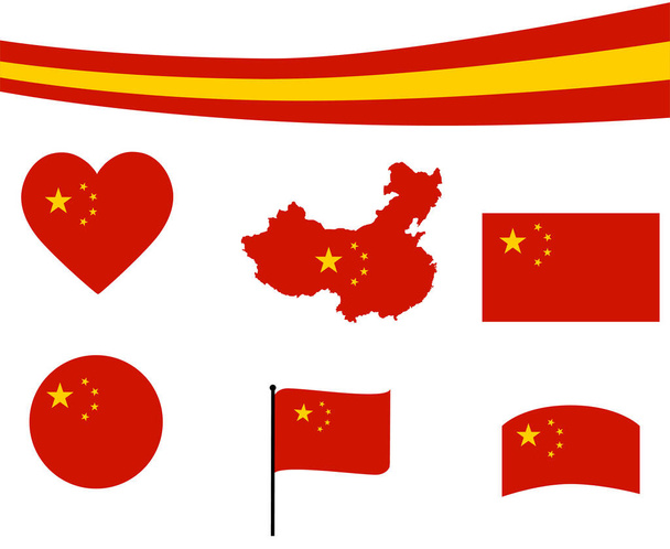 Cina Bandiera Mappa Nastro e cuore icone vettoriale Illustrazione astratta National Emblem Design Elements collection - Vettoriali, immagini