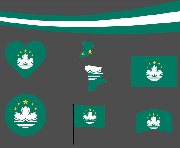 Mapa da Bandeira de Macau Fita e Ícones do Coração Ilustração vetorial Abstract National Emblem Design Elements collection - Vetor, Imagem