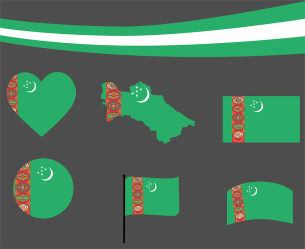 Carte du drapeau du Turkménistan Ruban et icônes du coeur Illustration vectorielle Résumé Collection nationale d'éléments de conception d'emblème - Vecteur, image