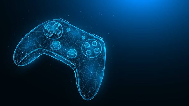 Joystick para jogos de vídeo design poli baixo. Ilustração poligonal de um controlador de jogo em um fundo azul escuro. - Vetor, Imagem