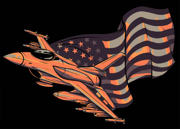 アメリカの旗を持った軍用戦闘機。ベクターイラスト - ベクター画像