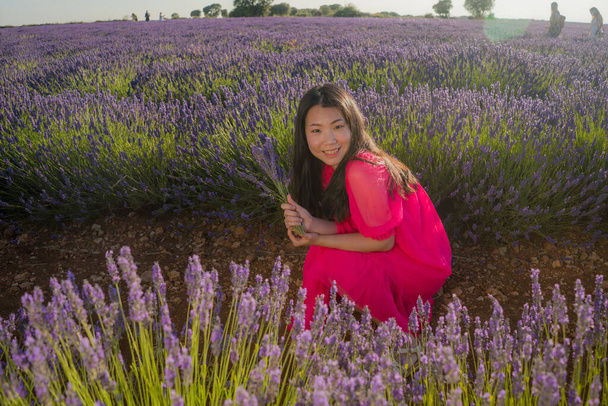 young Asian woman outdoors at lavender flowers field - happy and beautiful Japanese girl in sweet Summer magenta dress enjoying holidays relaxed on purple floral meadow - Foto, Bild
