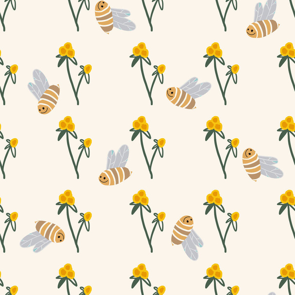 Cute bee seamless pattern with floral elements isolated on white background. - Foto, Imagem
