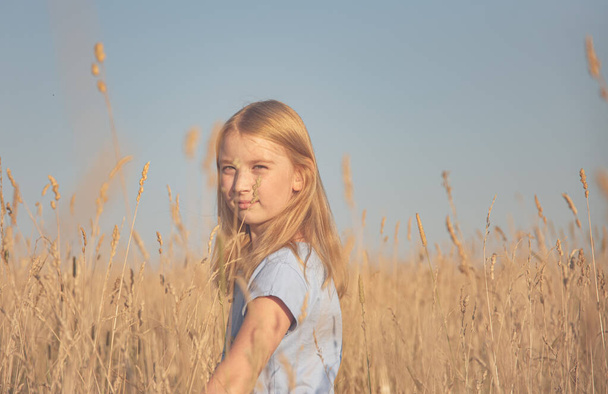 a beautiful girl with golden hair and a blue T-shirt in a field with dry grass on a blue sky background on a sunny summer day - Photo, Image