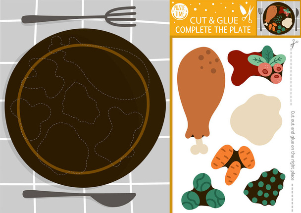 Vector Thanksgiving or Christmas cut and glue activity. Autumn crafting game with dish, fork, knife, holiday food. Fall printable worksheet for kids with turkey, sauce, veggies. Complete the plate - Vector, Image