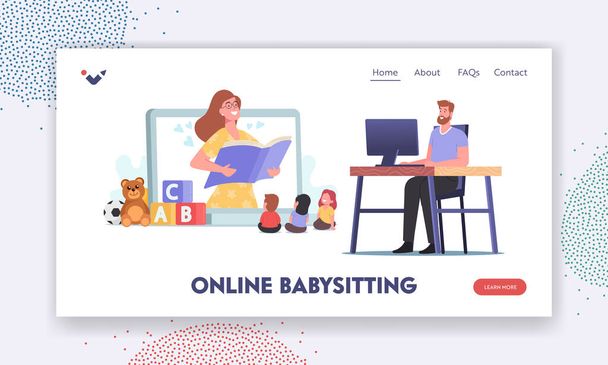 Online Babysitting Service Landing Page Template. Virtual Baby Sitter, Ensino Remoto. Personagem Babá entreter crianças - Vetor, Imagem