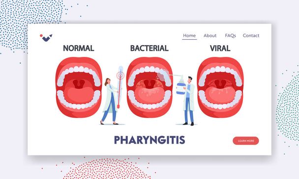 Pharyngitis Landing Page Template. Doctors Characters with Thermometer and Spray for Throat Presenting Normal, Bacterial - Vector, Image