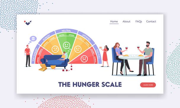 Hunger Scale Landing Page Template. Characters Starving, Ravenous, Growling, Hungry. Neutral, Satisfied, Full, Stuffed - Vector, Image