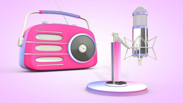 Studio microphone and retro radio. 3D rendering. - 写真・画像