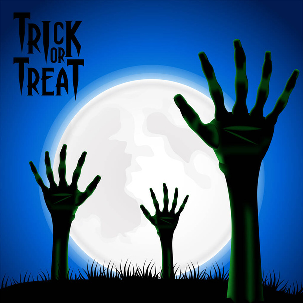 Trik nebo léčit halloween party banner pozvání s ilustrací mrtvoly zombie ruka - Vektor, obrázek