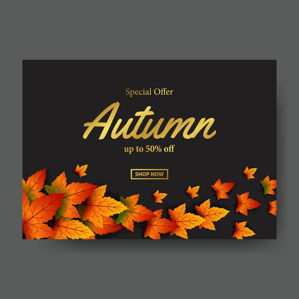 Herfst herfst esdoorn bladeren te koop aanbieden poster promotie event template vliegen met zwarte achtergrond - Vector, afbeelding