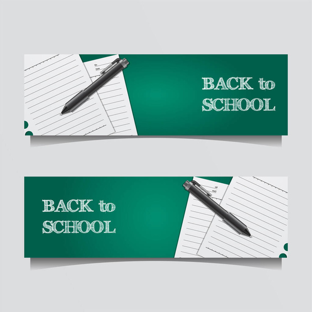 Вернуться в школу Предложение скидки баннер шаблон со стационарной ручкой и бумагой с зеленым фоном доски - Вектор,изображение