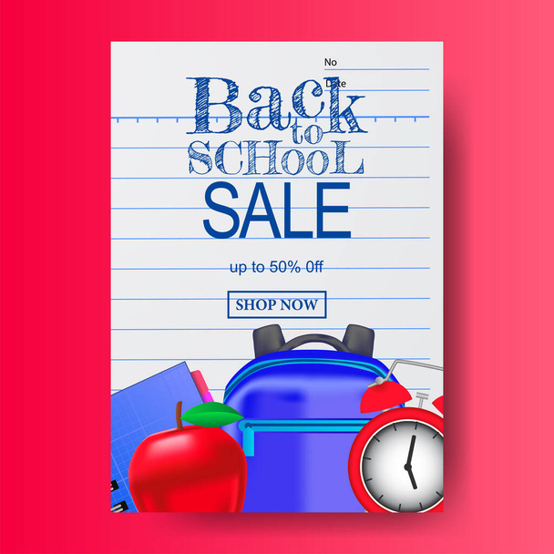 A4 Back to School Sale Angebot Banner Tinte auf dem Papierhintergrund mit Schreibtasche, Notizbuch, Uhr, - Vektor, Bild