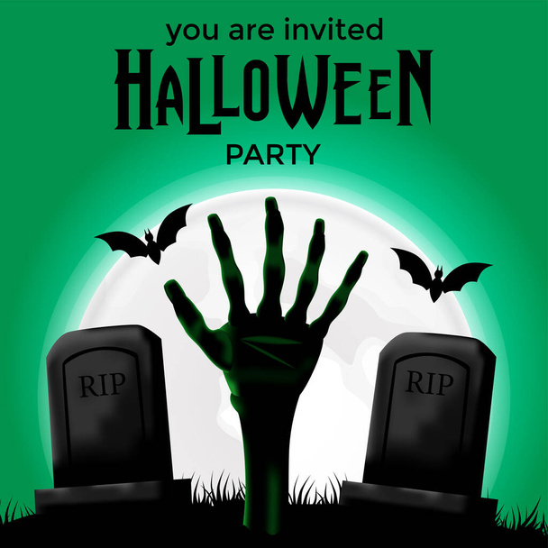 Halloween trick or treat invitation party banner with illustration of corpse zombie hand from graveyard - Vector, Image