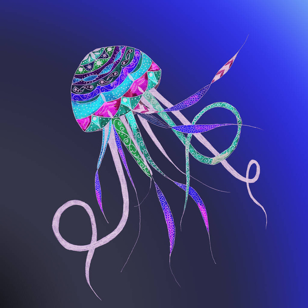 a fantastic,bright,colorful jellyfish with patterns swims, soars in the sea or ocean - Φωτογραφία, εικόνα