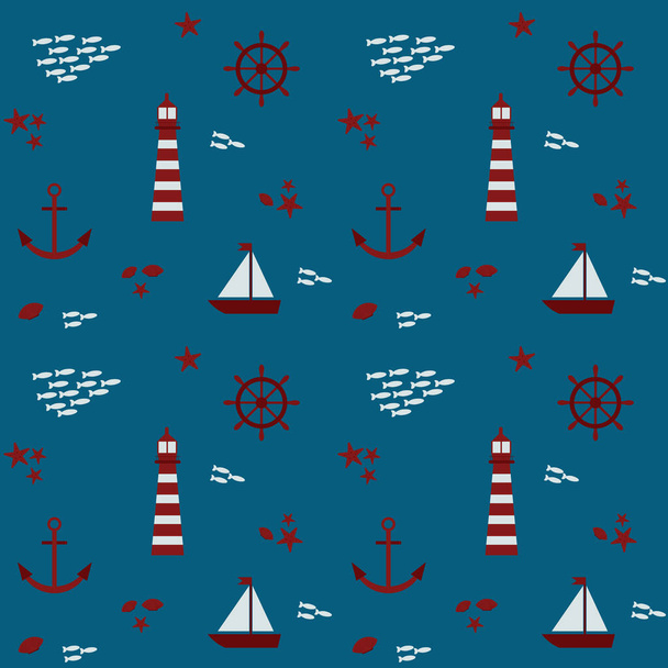 Pattern on the marine theme. With an illustration of a lighthouse, boat, fisherman, anchor and steering wheel. - Vector, Imagen