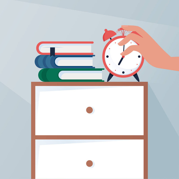 Womans Hand turns off the alarm clock, waking up in the morning. Vector illustration in flat style - Διάνυσμα, εικόνα