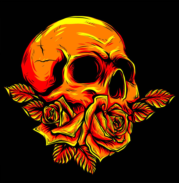 illustratie Menselijke schedel met rozen op zwarte achtergrond - Vector, afbeelding