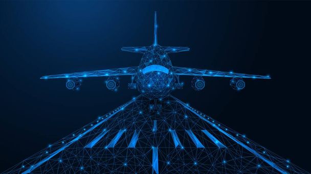 The plane lands on the runway. A low-poly model of air transport. Blue background. - Vector, Image