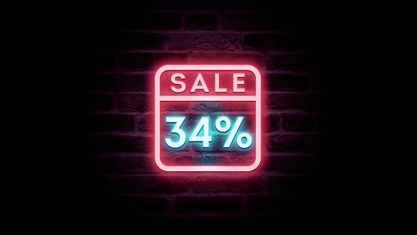 neon blu e rosso vendita icona con sconto 34 per cento su mattoni sfondo, pubblicità promozionale shopping   - Foto, immagini