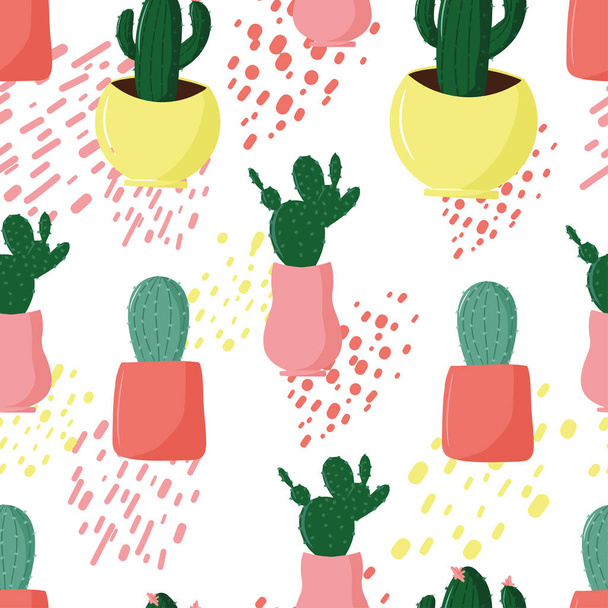 Seamless pattern with cacti, pattern with cacti and sticks, summer theme, cute cacti in pots, cute and cartoon drawing style, soft, pastel colors, vector illustration with home plants - Vektori, kuva