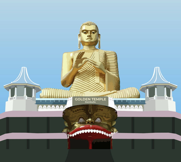Templo Dorado de Dambulla en Sri Lanka, edificio antiguo, ilustración vectorial - Vector, imagen