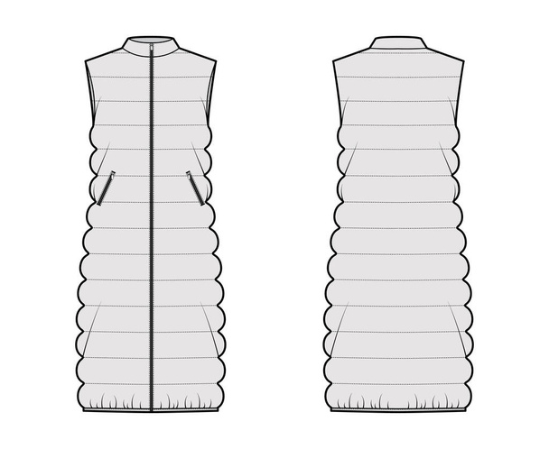 Вниз жилет пуф талії технічна ілюстрація моди з коміром стенд, кишені, міді довжини, класичне стьобана
 - Вектор, зображення
