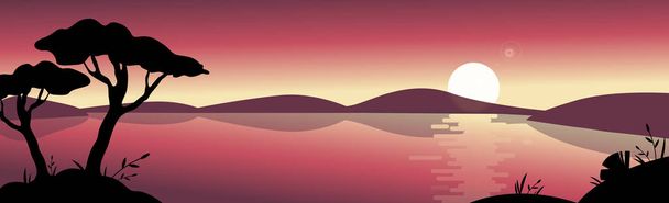 Панорамний гірський яскравий сонячний пейзаж з великим озером Векторні ілюстрації
 - Вектор, зображення