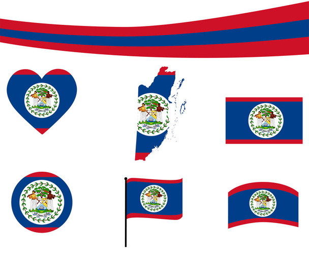 Belize Mapa da Bandeira Fita e Ícones do Coração Ilustração vetorial Abstract National Emblem Design Elements collection - Vetor, Imagem