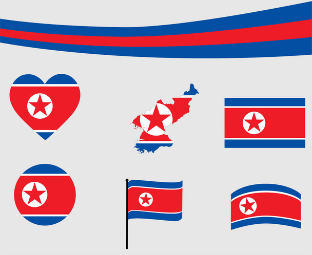 Mapa da bandeira da Coreia do Norte Fita e ícones do coração Ilustração vetorial Abstract National Emblem Design Elements collection - Vetor, Imagem
