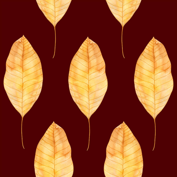 Pattern of walnut leaves on a burgundy background.. Watercolor autumn leaves are hand drawn. Suitable for printed and stationery products, textiles, wallpapers - Photo, Image