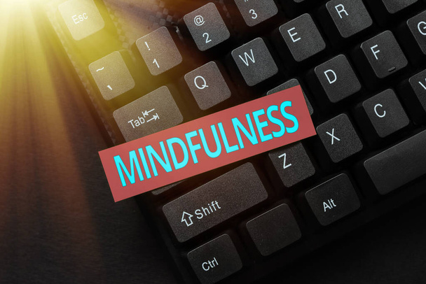 Käsin kirjoittaminen merkki Mindfulness. Liikeidea mielentila saavutetaan keskittämällä yksi s on huomiota Input Tärkeää tietoa Online, Kirjoittaminen Hauska Internet-blogi - Valokuva, kuva