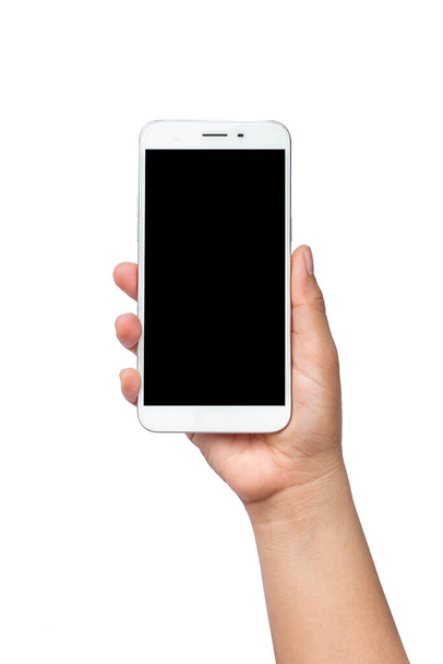 mobile phone with black screen in man hands isolated on white background with the clipping path. - Photo, Image