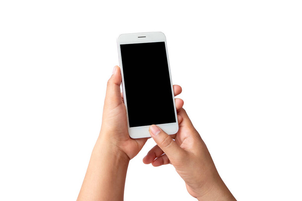 The hand is holding the white screen, the mobile phone is isolated on a white background with the clipping path. - Foto, Imagem