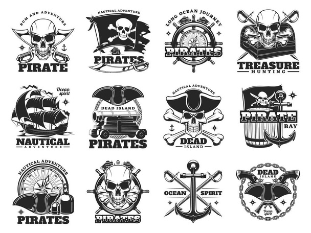Pirate and treasure hunting icons of skull island and sea ships, vector. Pirate treasures adventure signs of Merry Roger flag with skull crossbones, treasures chest and ship helm with nautical compass - Vector, afbeelding