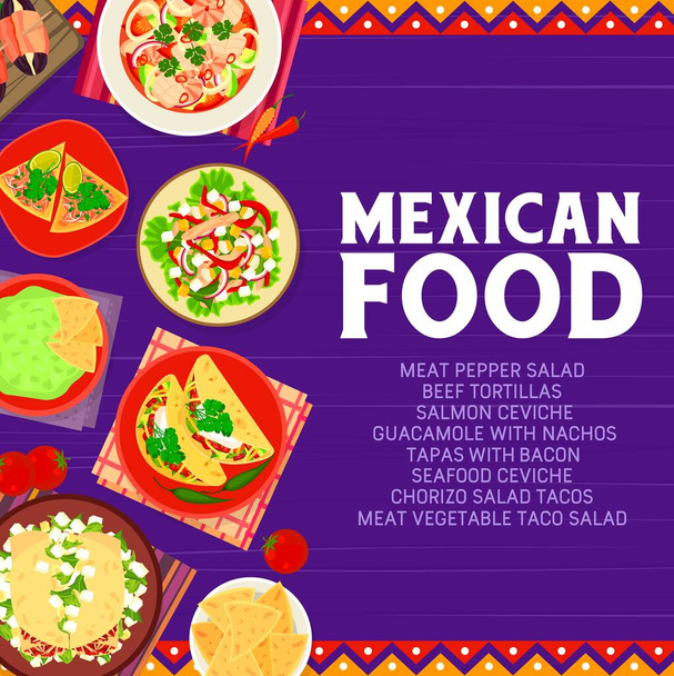 Mexická restaurace jídla banner. Lososí ceviche, hovězí tortilly a guacamole s nachos, chorizo taco a masovým zeleninovým salátem, tortilla chips vector. Mexická kuchyně menu pokrmy plakát - Vektor, obrázek