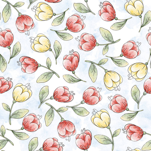 Watercolor pattern for fabric, paper. Watercolor Illustration scarlet and yellow flowers with green stems and leaves on a background of blue watercolor stains. Seamless pattern for design. - Zdjęcie, obraz