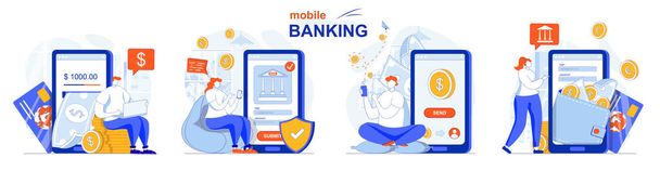 Online banking concept set. App for financial transactions, payment, savings. People isolated scenes in flat design. Vector illustration for blogging, website, mobile app, promotional materials. - ベクター画像