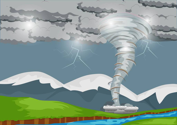 Una fuerte tormenta produce un poderoso tornado que barre el campo con relámpagos. ilustración paisaje de medios mixtos - Vector, imagen