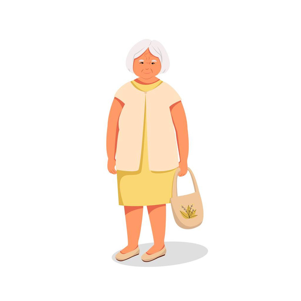 Elderly woman with a shopper bag in hand, vector character in cartoon style. Flat design - Vector, Image